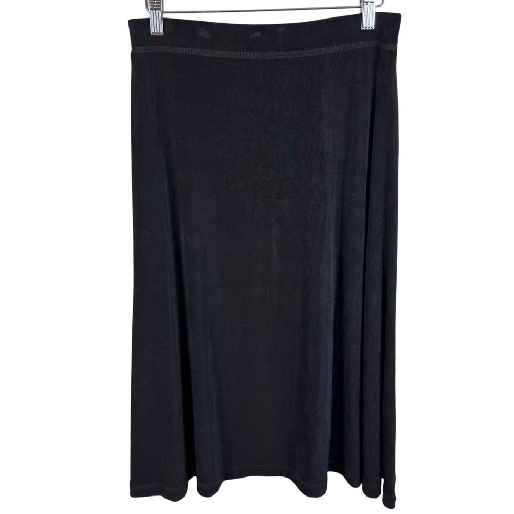 Chicos Travelers Black Ribbed Midi Skirt Size 1 Medium A-Line Elastic Waist USA